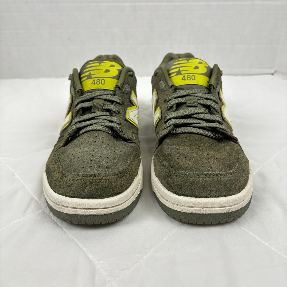 New Balance 480 Suede Sneakers Olive Green Neon Yellow Mens 7 Womens 8.5 - Picture 6 of 10